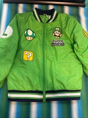 Nintendo Green Luigi Graphic Bomber Jacket with Navy & White Trim